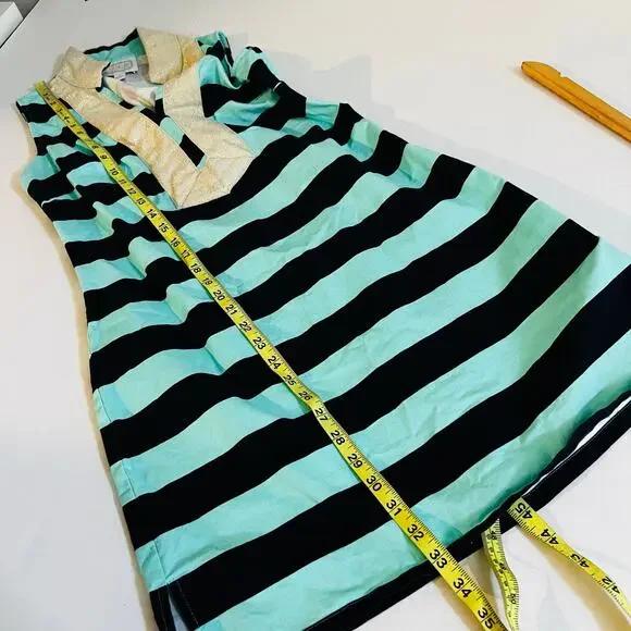 Sail To Sble Striped High Bishop Neck Dress Size S Small Teal Gold - Picture 8 of 9